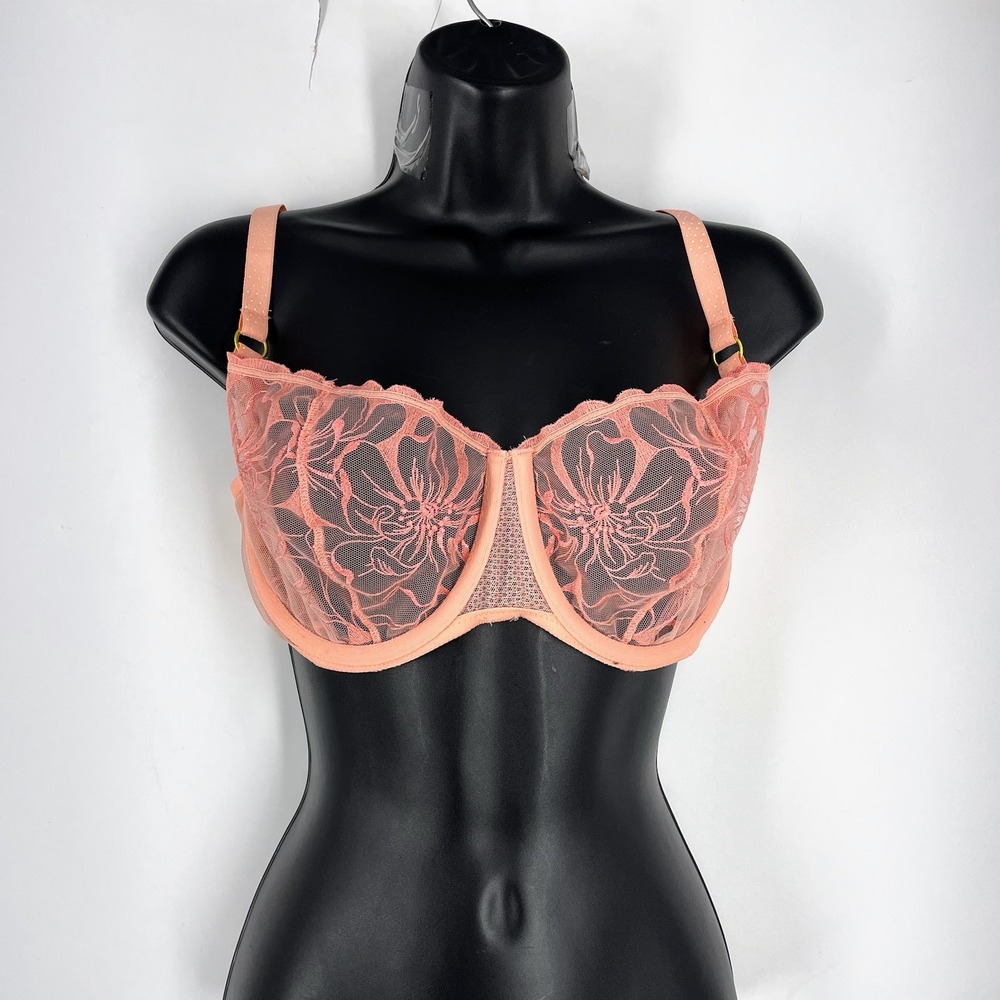 Simone Perele Peach Floral Embroidered Sheer Mesh Underwire Balconette Bra - Picture 3 of 14